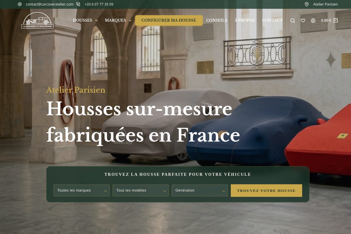 Site e-commerce La Housse à l'Ancienne : housses de voiture sur mesure